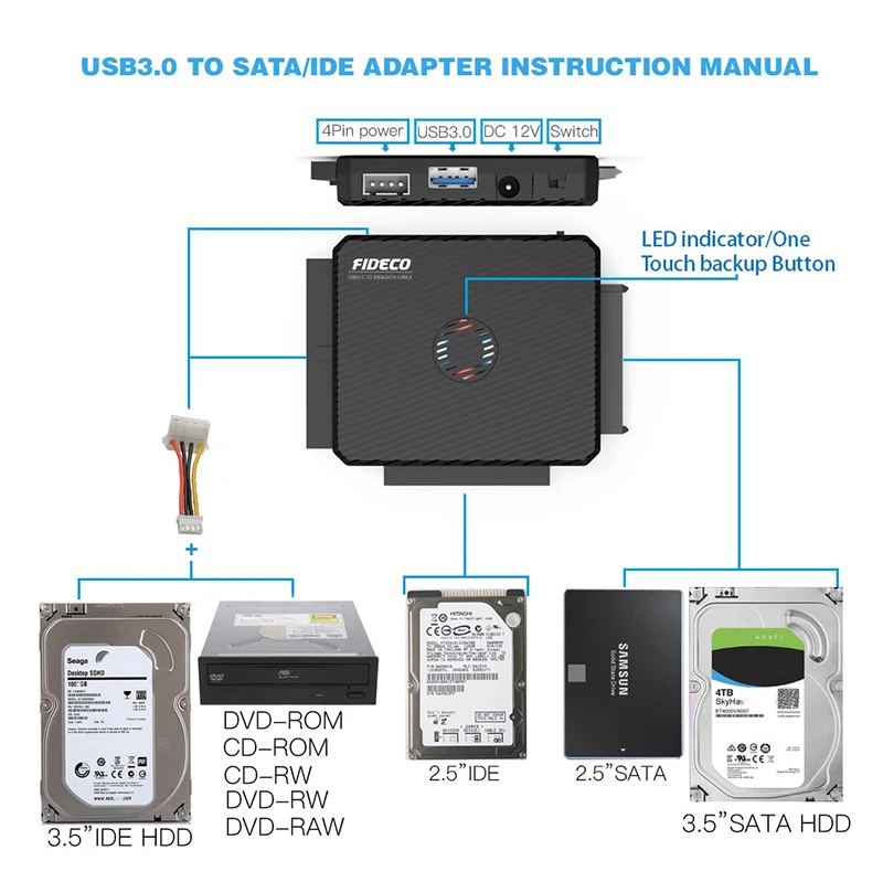 Adaptador SATA III a USB 3.0 , Adaptador IDE a USB 3.0, Fideco S3G-PL03