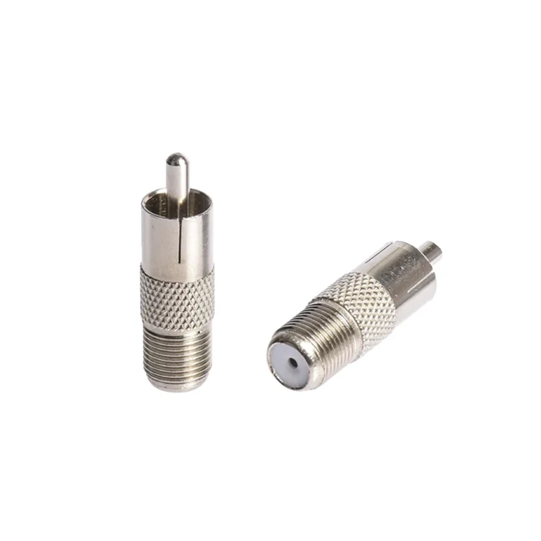 Adaptador RCA a Coaxial Hembra - MaxCable F-64 Adaptador RCA a Conector Empalme F Coaxial MaxCable F-64, Conector RCA Macho a Empalme Coaxial F Hembra Niquelado, Adaptador RCa macho a Coaxial
