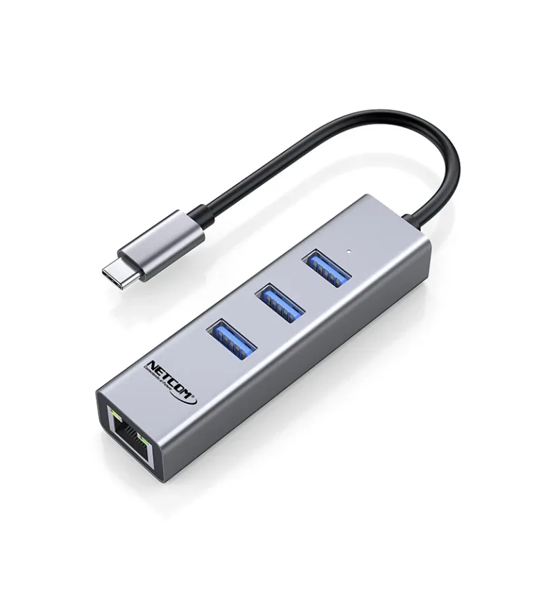 USB C a Rj45 Lan Ethernet Gigabit y Hub USB 3.0 Netcom PE-TA0144 Adaptador Usb Tipo C con Hub USB 3.0 con 1 Puerto RJ45 Lan Gigabit Netcom PE-TA0144