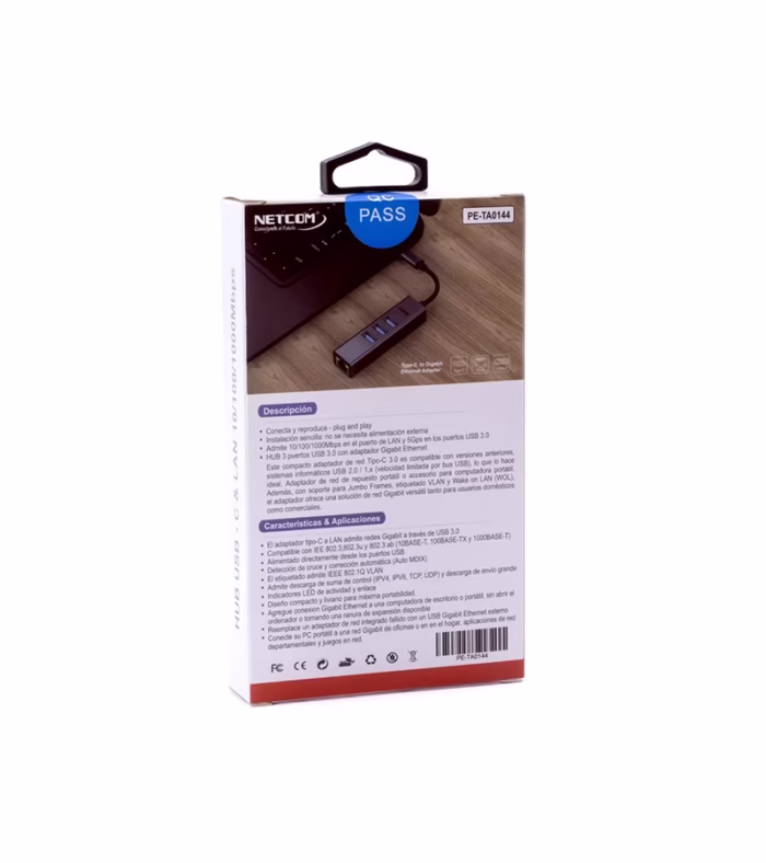 USB C a Rj Lan Ethernet Gigabit y Hub USB  Netcom PE TA Adaptador Usb Tipo C con Hub USB  con  Puerto RJ Lan Gigabit Netcom PE TA