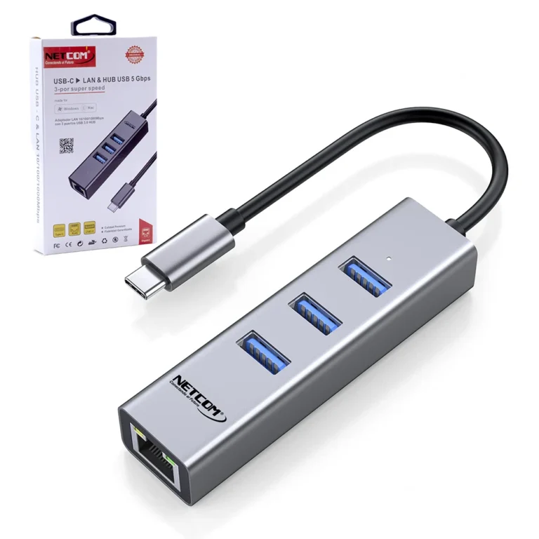 Adaptador USB C a Rj45 y Hub USB 3.0 Netcom PE-TA0144 USB C a Rj45 Lan Ethernet Gigabit y Hub USB 3.0 Netcom PE-TA0144, Adaptador Usb Tipo C con Hub USB 3.0 con 1 Puerto RJ45 Lan Gigabit Netcom PE-TA0144