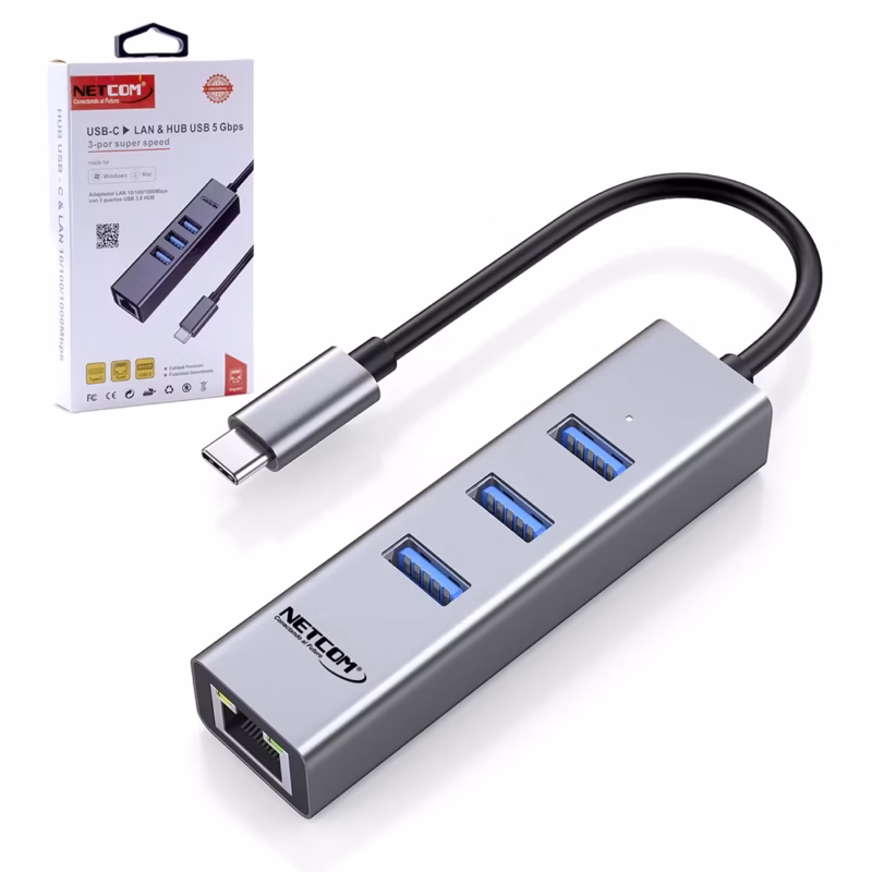 Netcom PE TA | Adaptador USB C a Gigabit Ethernet y Hub USB  | Conexión Estable y Rápida