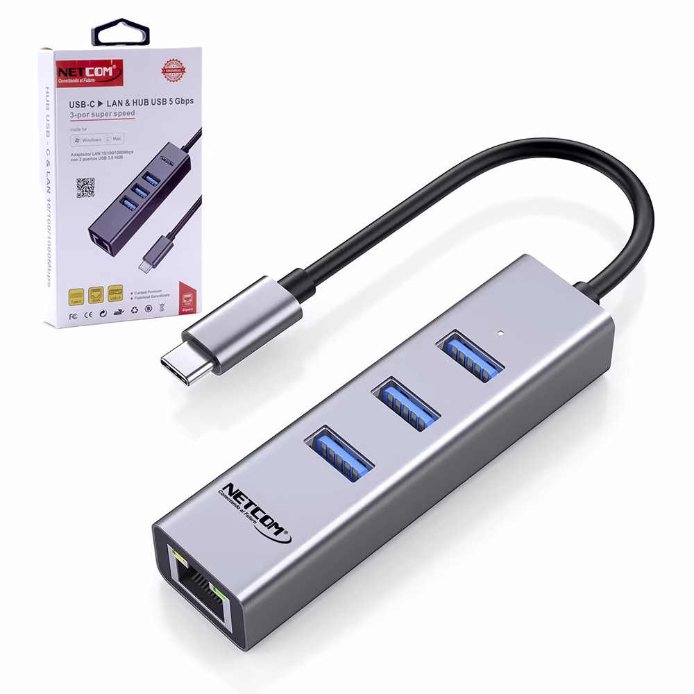 Adaptador USB C a Rj y Hub USB  Netcom PE TA USB C a Rj Lan Ethernet Gigabit y Hub USB  Netcom PE TA Adaptador Usb Tipo C con Hub USB  con  Puerto RJ Lan Gigabit Netcom PE TA