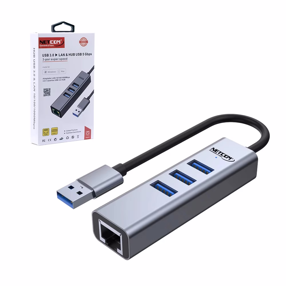Adaptador USB LAN Gigabit y HUB USB  Netcom PE TA USB  a Hub USB  Rj Lan Ethernet Gigabit Netcom PE TA Cable Adaptador USB LAN Rj con  Puertos USB 