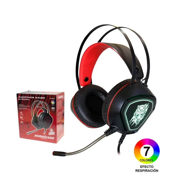 Audífono LED para Gamer con Micrófono incorporado HU-G612, Audífono para Computadora o Laptop con Jack 3.5mm y Luces LED RGB Hurricane