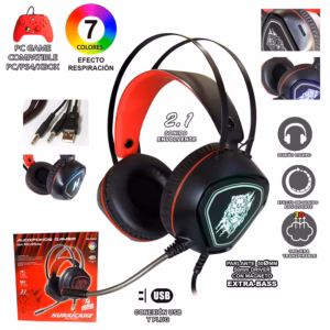 Audífono LED para Gamer con Micrófono incorporado HU-G612, Audífono para Computadora o Laptop con Jack 3.5mm y Luces LED RGB Hurricane