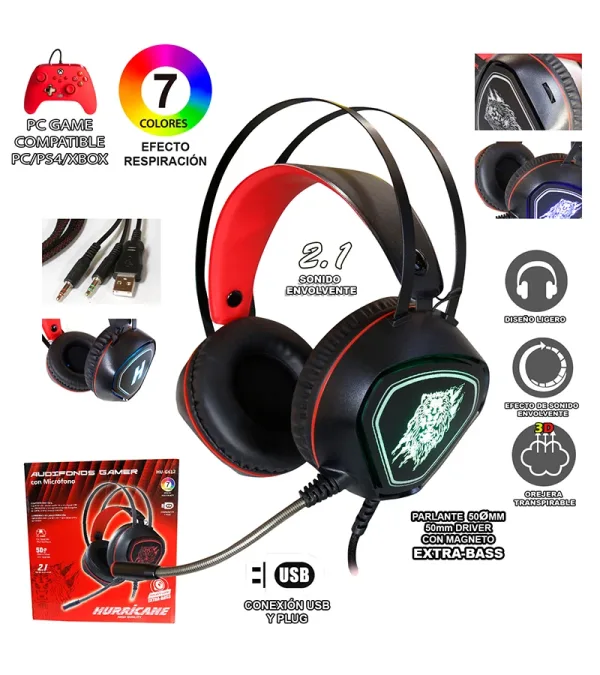 Audífono LED para Gamer con Micrófono incorporado HU-G612, Audífono para Computadora o Laptop con Jack 3.5mm y Luces LED RGB Hurricane