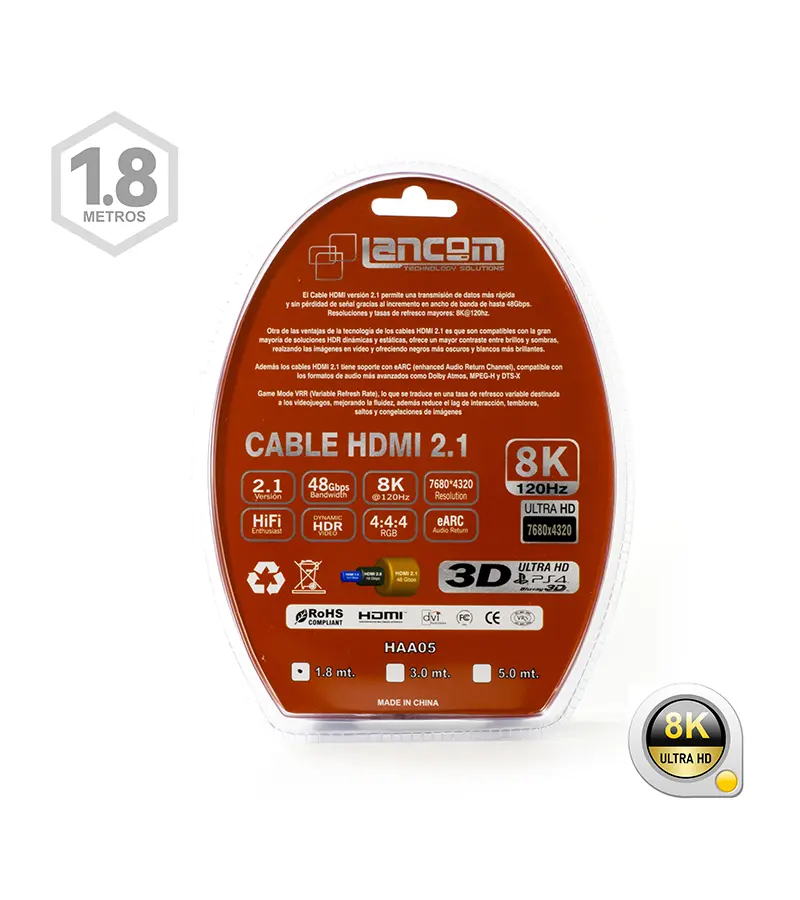 Cable HDMI 8K de 180CM - Lancom HAA05-180CM - Versión 2.1 8K 4320p - HDMI de 1.8MT Conector Gold de Alta Resolución