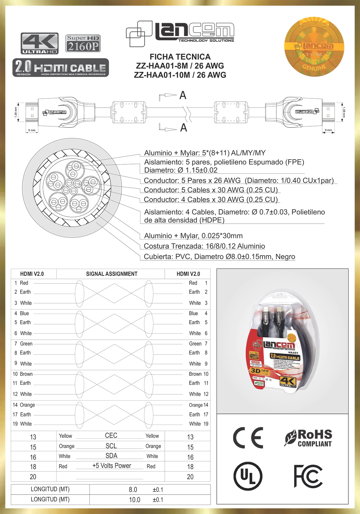 Ficha Técnica del Cable HDMI 10 Metros Lancom HAA01-10M Versión 2.0 4K: ¡Alcance Extremo con Máxima Protección!, Cable HDMI de 10 metros Lancom HAA01-10M de color negro, mostrando sus conectores metálicos y los filtros de ferrita cilíndricos para una señal limpia, producto de HD Multimedia.