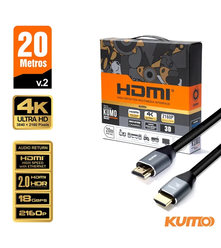 Cable HDMI de 20 Metros v2.0 Ultra HD 2160P 4K STA-ahd02-20M Cable HDMI versión 2.0 4K@60hz de 18Gbps Ultra HD 2160p, 20 Metros, Audio Retorno ARC,  Fast Ethernet, Conector Gold Plated - Kumo