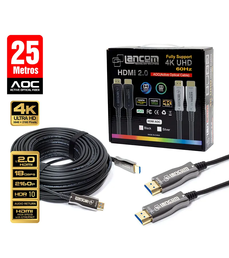 Cable HDMI de 25MT en Fibra Óptica LANCOM AOC-BK-25M, cable hdmi de 25 metros diseñado en fibra óptica 4K real