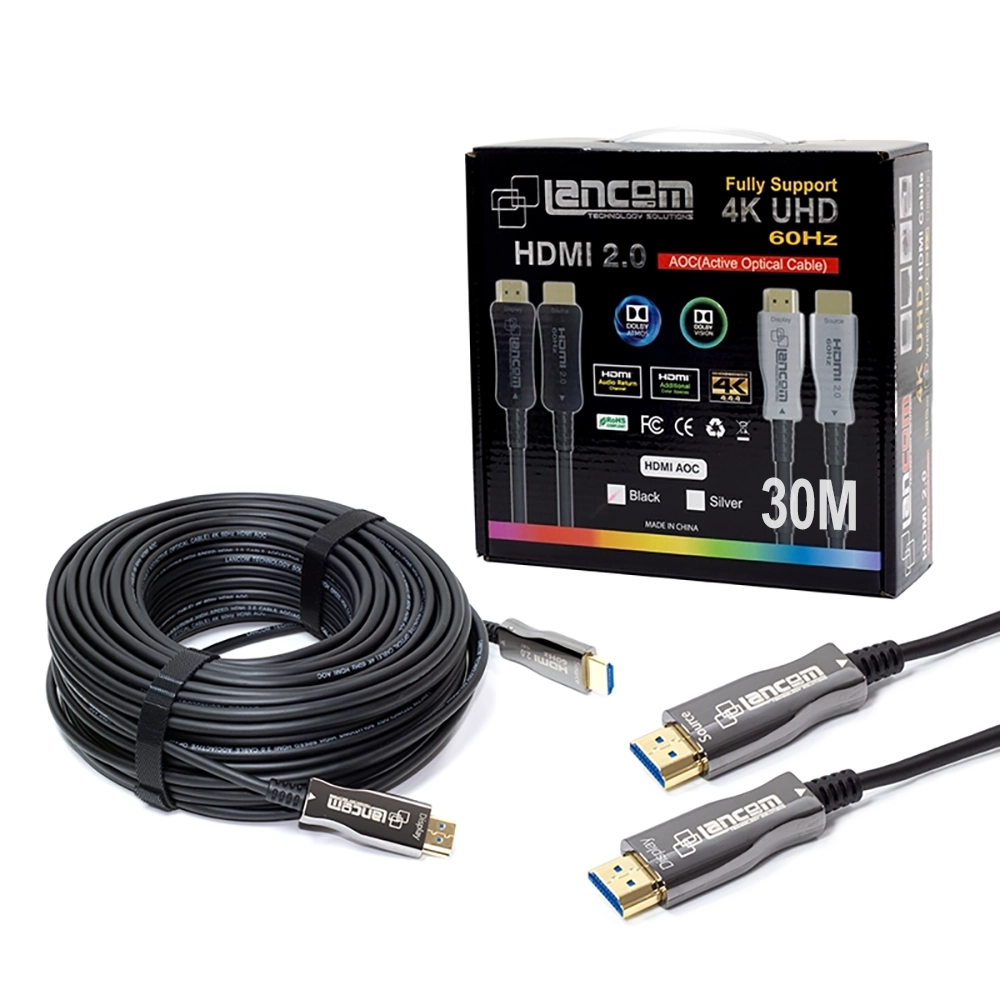 Cable HDMI de 30MT en Fibra Óptica LANCOM AOC-BK-30M Cable HDMI de 30mt marca LANCOM - diseñado en Fibra Optica con soporte 4K UHD 2160p HDR, High Speed versión 2.0