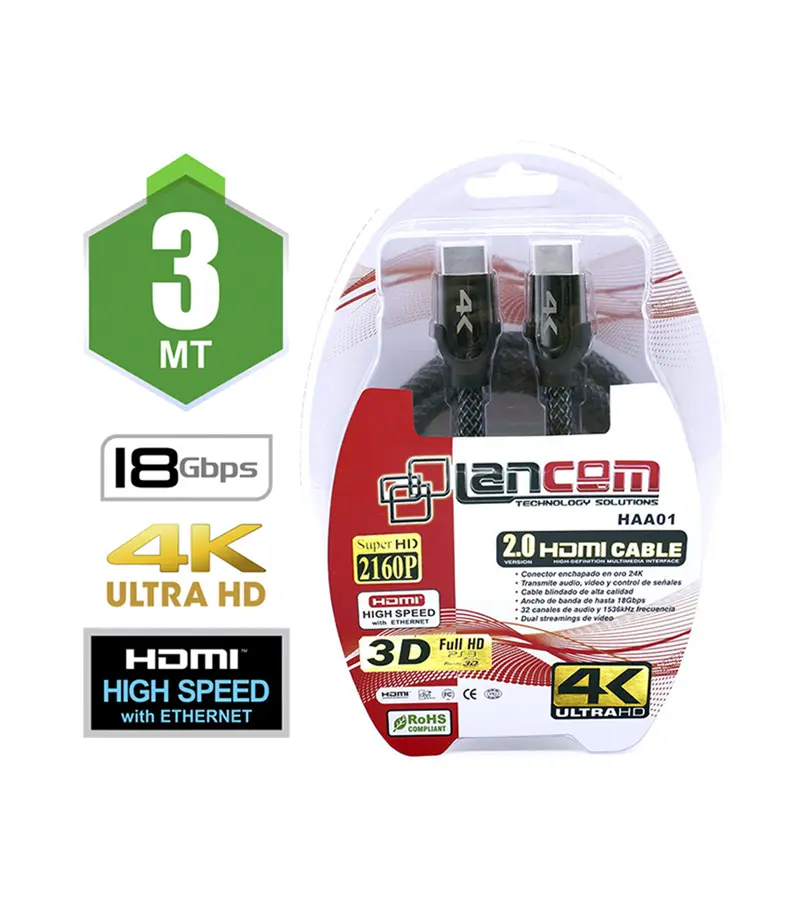 Cable HDMI de 3mt Lancom 4K Ultra HD v.2.0 HAA01-3M