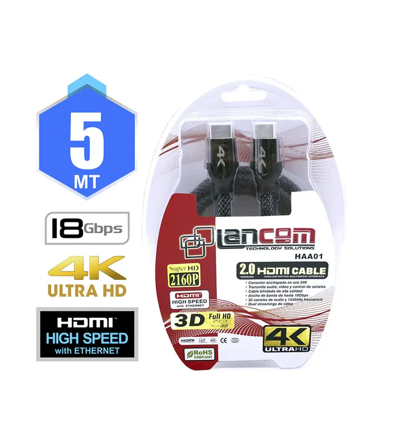 Cable HDMI de 5mt Lancom 4K Ultra HD v2 HAA01-5M, Cable hdmi Lancom de 5 metros versión 2.0 Ultra HD 2160p 4K