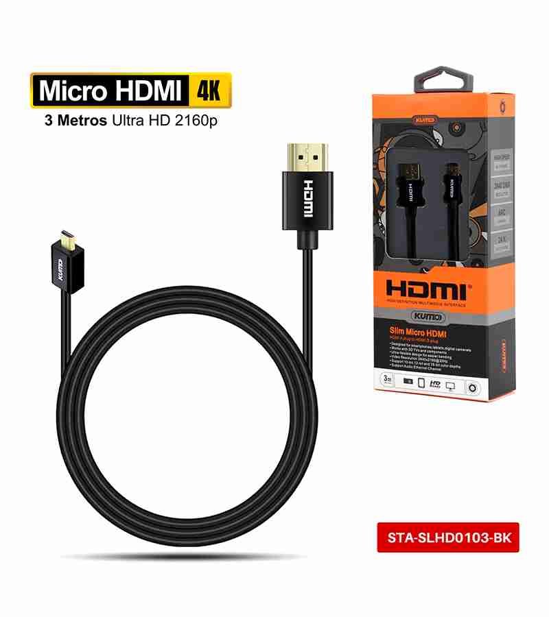 Cable Micro HDMI de 3 Metros 4K Ultra HD 2160p Kumo STA-SLHD0103-BK Cable HDMI Slim Ultra Delgado con Conector Micro HDMI Tipo D de 3 Metros, Gold Plated