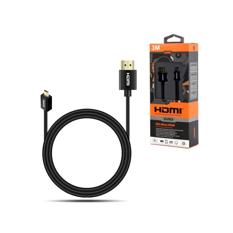 Cable Micro HDMI de 3M Kumo STA-SLHD0103-BK Cable Micro HDMI de 3 Metros 4K Ultra HD 2160p Kumo STA-SLHD0103-BK, Cable HDMI Slim Ultra Delgado con Conector Micro HDMI Tipo D de 3 Metros, Gold Plated