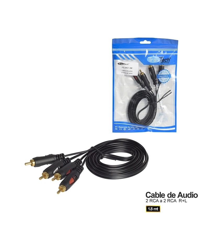 Cable MiniPlug Estéreo a 2 RCA Macho de 1.8 metros - Trautech PE-2RC180CM