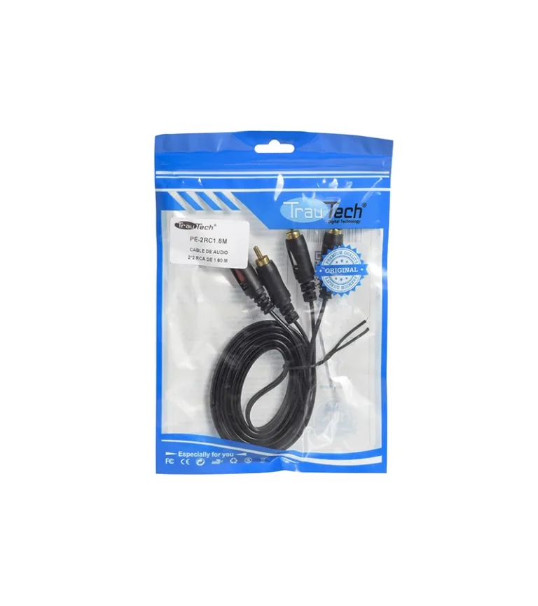 Cable MiniPlug Estéreo a 2 RCA Macho de 1.8 metros - Trautech PE-2RC180CM
