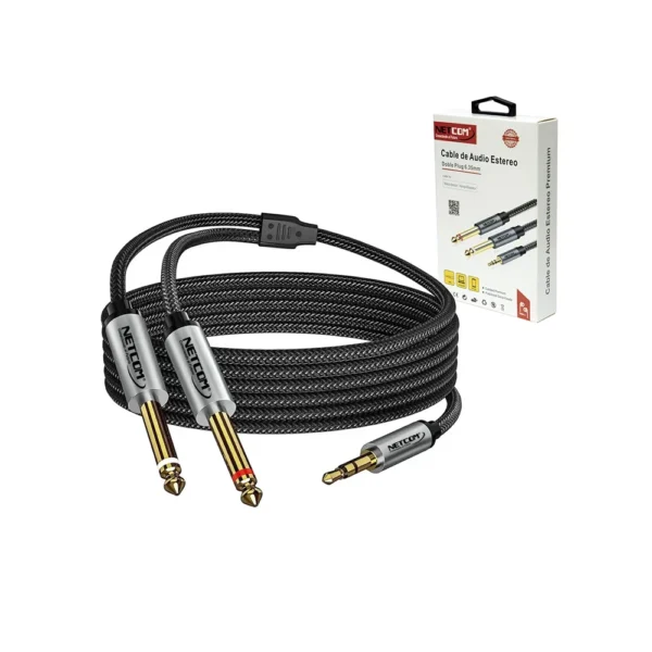 Cable de Audio MiniPlug 3.5mm a 2 Plug Netcom PE-RS0109 Cable de Audio Jack 3.5mm a 2 Plug 1/4, Cable Adaptador Plug 3.5mm Estéreo a 2 Plug 6.35mm 1/4" Mono Netcom PE-RS0109