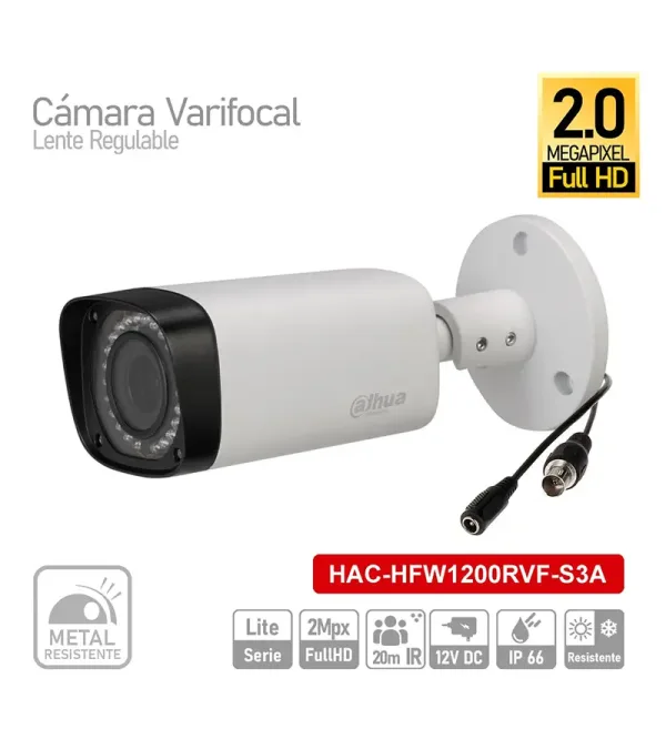 Cámara Dahua HAC-HFW1200BRF, Cámara Vari focal Dahua Full HD 2mpx HAC-HFW1200RVF-S3A