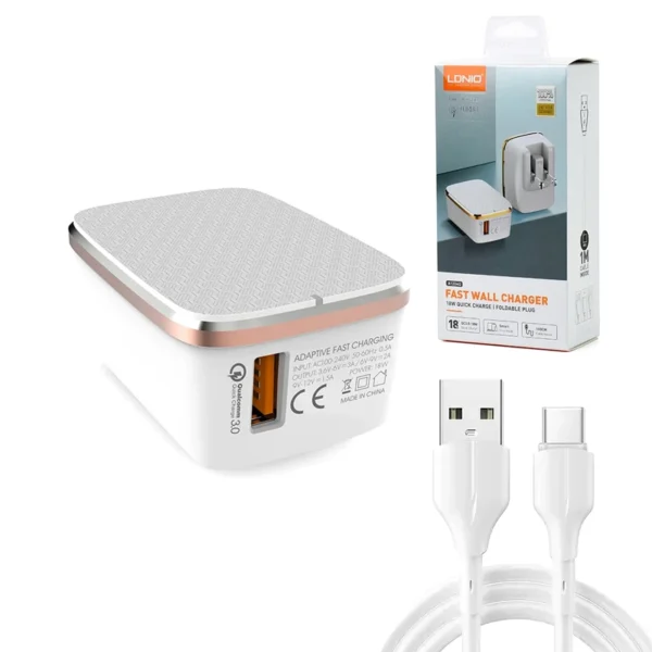 Cargador Rápido para Celular 18W Q3 Ldnio A1204Q Cargador Rápido para Celular o Tableta con tecnología Q3.0 y Cable USB C de 1 Metro Ldnio A1204Q