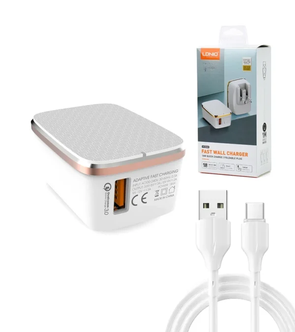 Cargador Rápido para Celular 18W Q3 Ldnio A1204Q Cargador Rápido para Celular o Tableta con tecnología Q3.0 y Cable USB C de 1 Metro Ldnio A1204Q