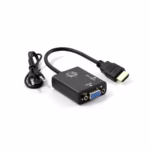 Convertidor HDMI a VGA con Audio DELCOM DAHVG01 | Adaptador para PC, Laptop y Proyector en Perú, Adaptador convertidor Delcom DAHVG01 de HDMI a VGA, mostrando el conector HDMI macho, el puerto VGA hembra y la salida de audio 3.5mm, producto de HD Multimedia PERU SAC.
