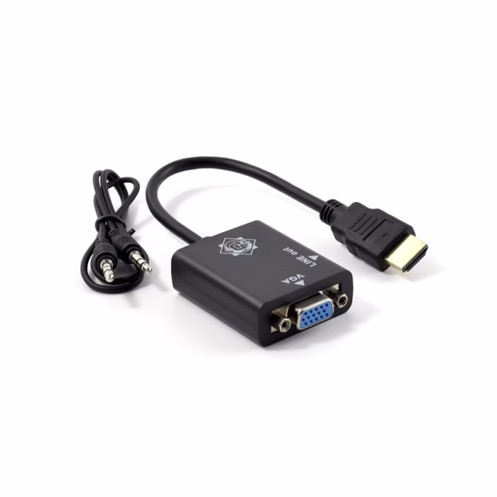 Convertidor HDMI a VGA con Audio DELCOM DAHVG | Adaptador para PC Laptop y Proyector en Perú Adaptador convertidor Delcom DAHVG de HDMI a VGA mostrando el conector HDMI macho el puerto VGA hembra y la salida de audio mm producto de HD Multimedia PERU SAC
