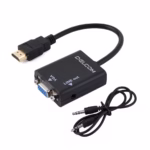 Convertidor HDMI a VGA con Audio DELCOM DAHVG01 | Adaptador para PC, Laptop y Proyector en Perú, Adaptador convertidor Delcom DAHVG01 de HDMI a VGA, mostrando el conector HDMI macho, el puerto VGA hembra y la salida de audio 3.5mm, producto de HD Multimedia PERU SAC.