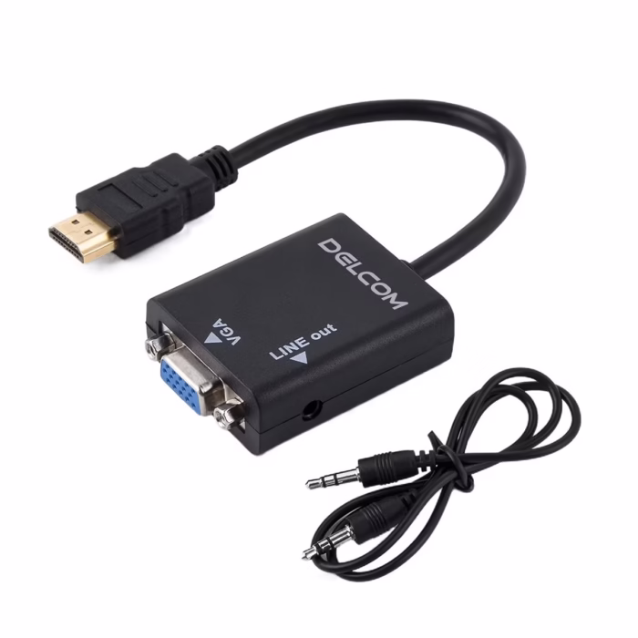 Convertidor HDMI a VGA con Audio DELCOM DAHVG | Adaptador para PC Laptop y Proyector en Perú Adaptador convertidor Delcom DAHVG de HDMI a VGA mostrando el conector HDMI macho el puerto VGA hembra y la salida de audio mm producto de HD Multimedia PERU SAC
