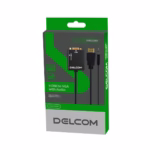Convertidor HDMI a VGA con Audio DELCOM DAHVG01 | Adaptador para PC, Laptop y Proyector en Perú, Adaptador convertidor Delcom DAHVG01 de HDMI a VGA, mostrando el conector HDMI macho, el puerto VGA hembra y la salida de audio 3.5mm, producto de HD Multimedia PERU SAC.