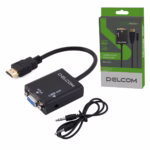 Convertidor HDMI a VGA con Audio DELCOM DAHVG01 | Adaptador para PC, Laptop y Proyector en Perú, Adaptador convertidor Delcom DAHVG01 de HDMI a VGA, mostrando el conector HDMI macho, el puerto VGA hembra y la salida de audio 3.5mm, producto de HD Multimedia PERU SAC.