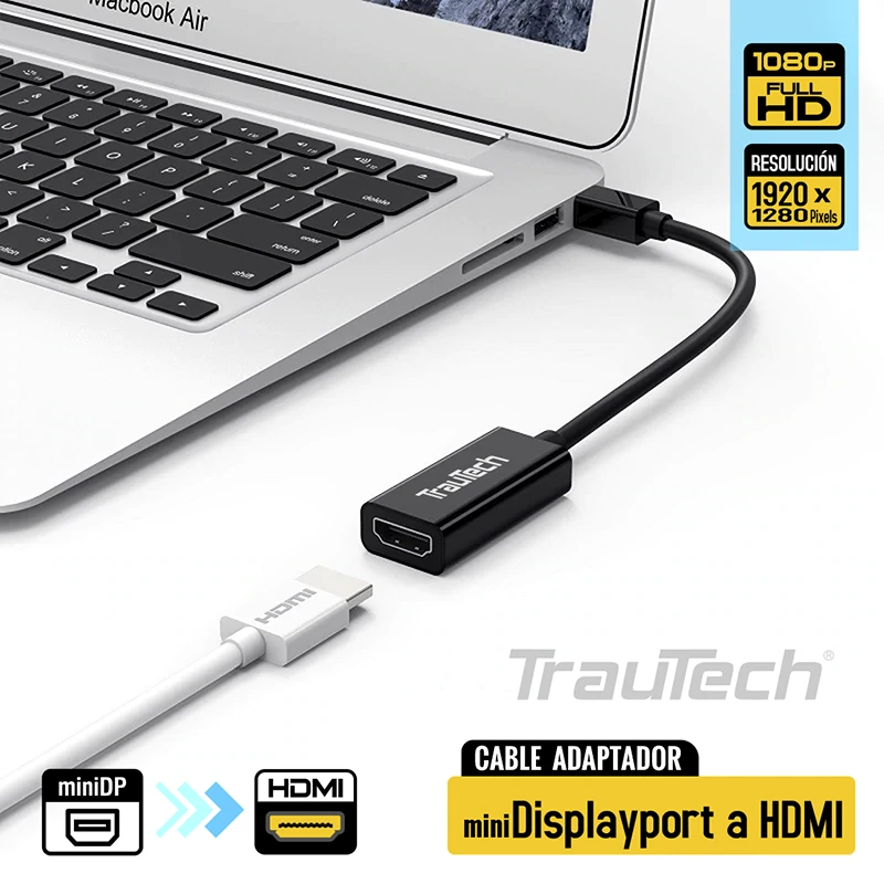 Adaptador Mini-DP a HDMI Full HD 1080p, Cable Adaptador Mini-DisplayPort a HDMI Full HD 1080p | 1920 x 1280 pixeles | Mini DP a HDMI | Trautech