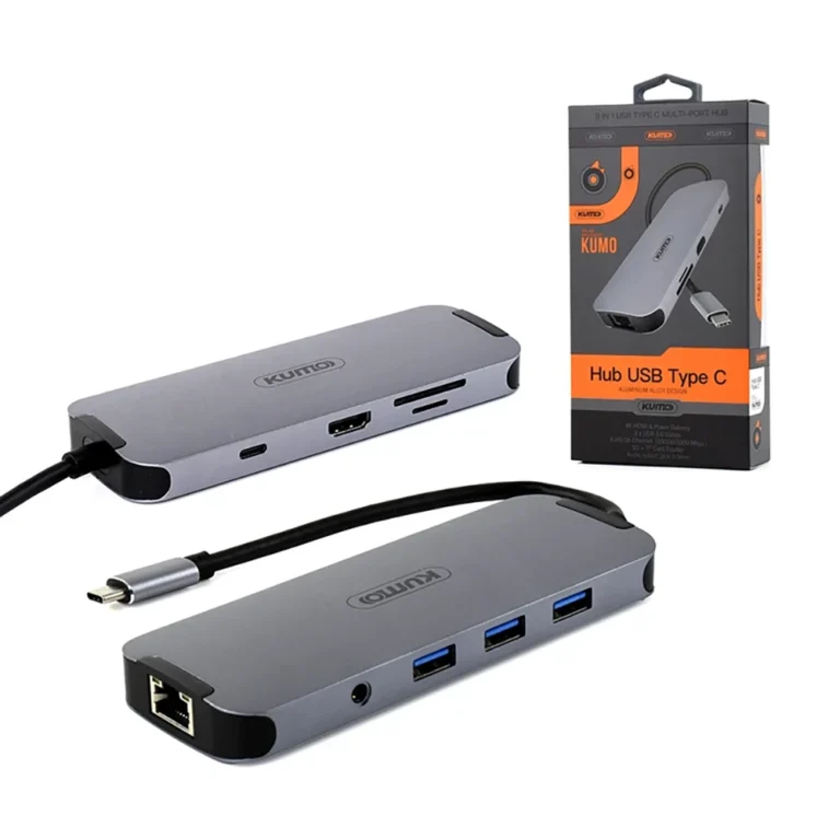Convertidor USB C 9 en 1 Kumo STA-MUCH1201 Estación de Acoplamiento USB Tipo C 9 en 1 Kumo STA-MUCH1201, Adaptador USB Tipo C con HDMI 4K  Lector de Memoria MicroSD y SD Puerto PD para Carga  Puerto RJ45 LAN Gigabit  Salida de Audio Jack 3.5mm y 3 Puertos USB 3.0 Kumo