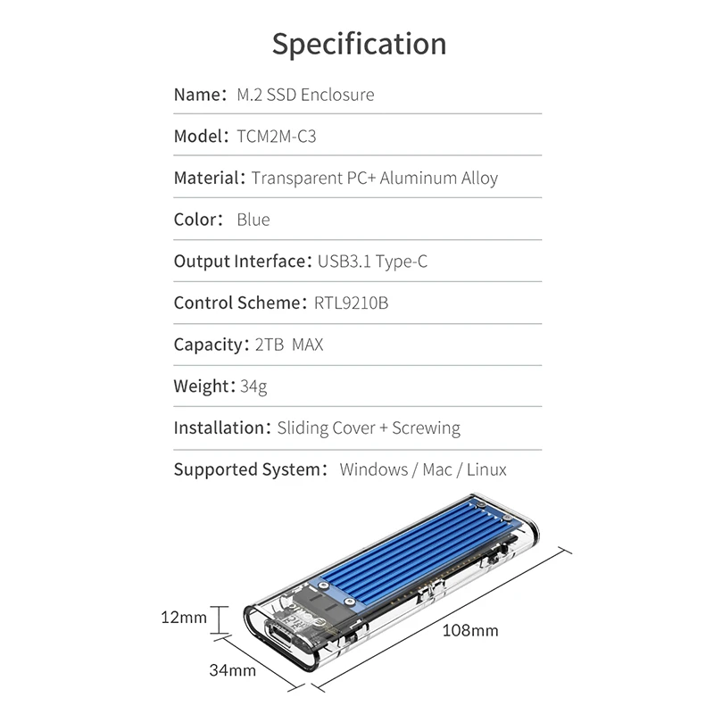 Carcasa M2 NVMe a USB 3.0 Orico TCM2-C3 - Case para M2 NVMe PCIe