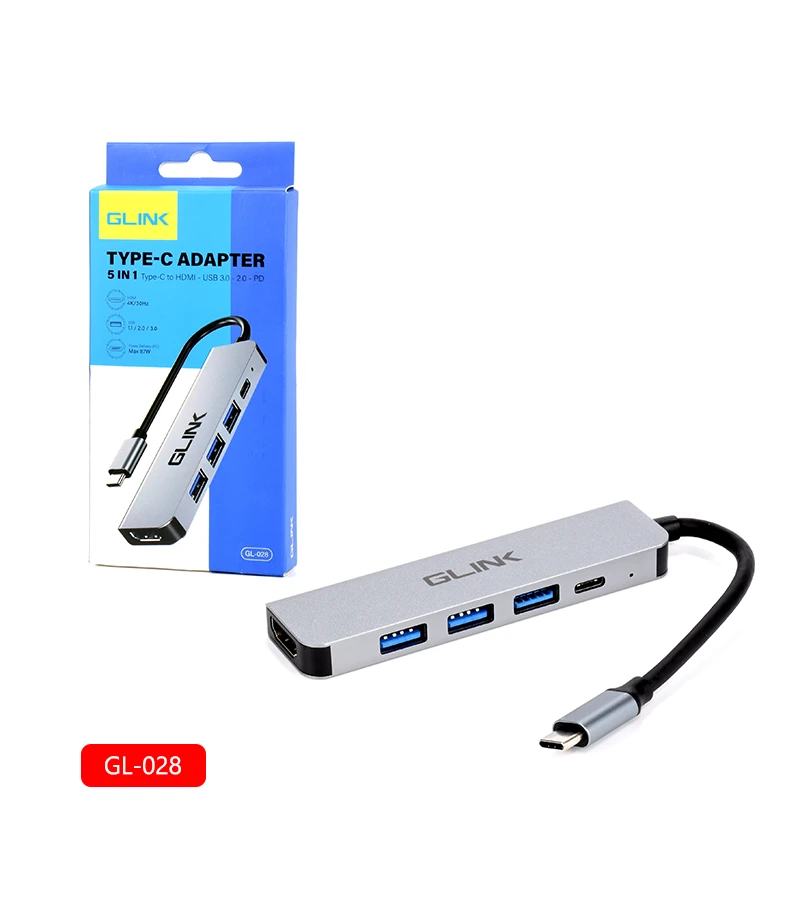 Docking Station USB C 5 en 1 Glink GL-028, Adaptador USB C a HDMI con 3 USB y PD