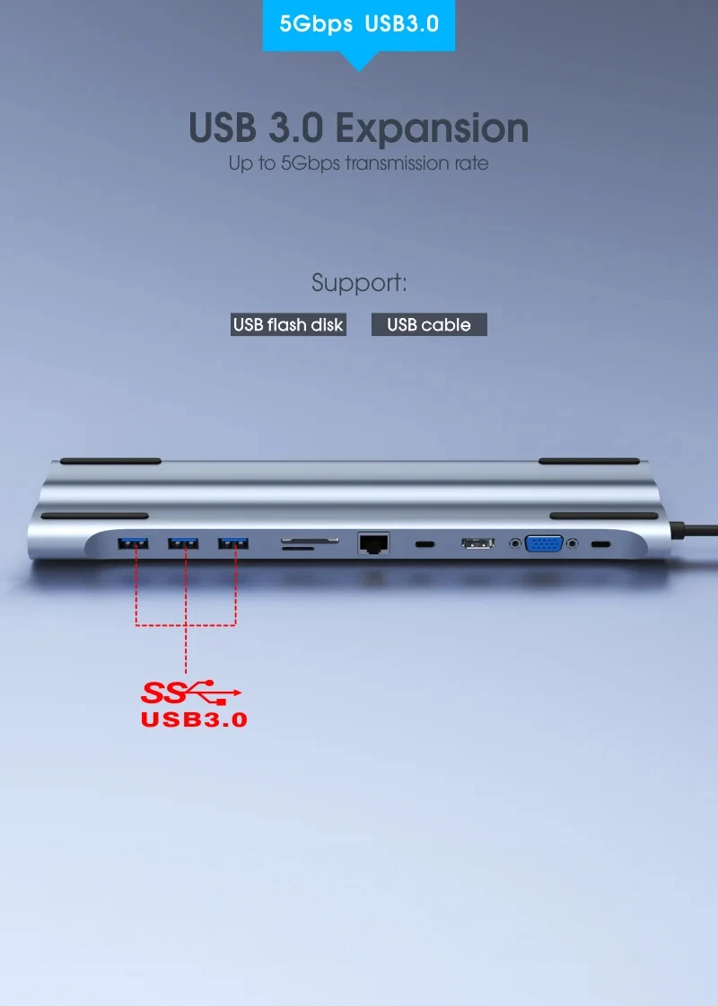 Adaptador USB Tipo C  11 en 1  HDMI 4K / VGA / HUB Usb 3.0 / PD de Carga / Lan Gigabit / Lector MicroSD / SD   - Todo en uno High Full Max HC-10-S Estación de Trabajo con conector USB 3.1 tipo C  - 11 en 1 Type-C Station