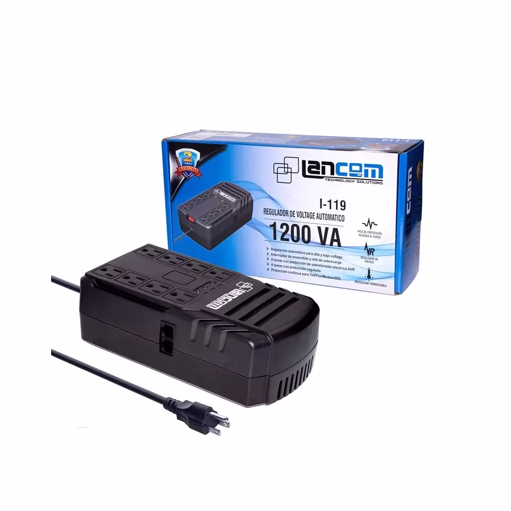 Estabilizador de Corriente de 1200VA Lancom I 119_______ HD Multimedia PERU SAC Estabilizador de Corriente de VA Lancom I Estabilizador Lancom de tomas eléctricas Reguladas | VA | I I | Estabilizador Lancom de Tomas Reguladas y Tomas Protegidas | VA | I