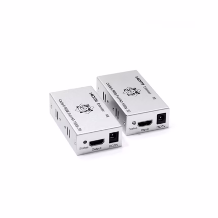 Extender HDMI de 60M por Cable de Red Cat5e Cat6 Delcom DEXT002, Kit extensor HDMI Delcom DEXT002, mostrando las dos unidades metálicas de color negro (transmisor y receptor) con sus puertos HDMI y RJ45, un producto profesional de HD Multimedia PERU SAC., Extensor HDMI de 60 Metros Delcom DEXT002