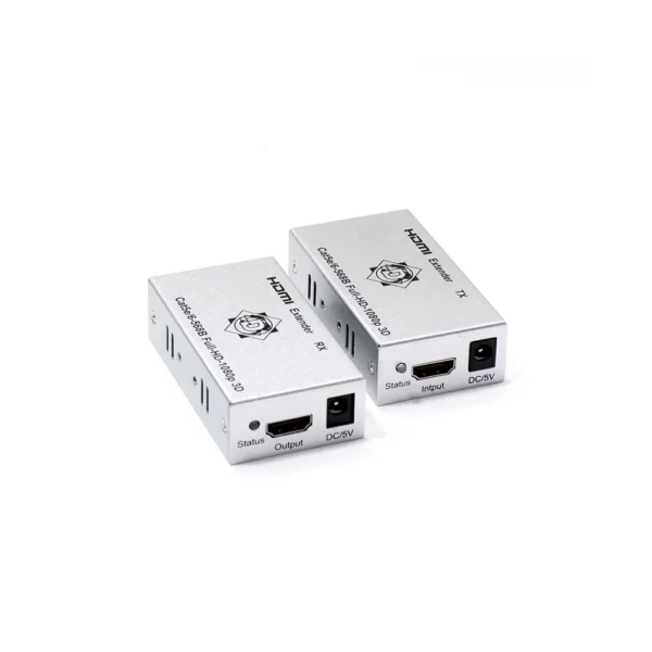 Extender HDMI de 60M por Cable de Red Cat5e Cat6 Delcom DEXT002, Kit extensor HDMI Delcom DEXT002, mostrando las dos unidades metálicas de color negro (transmisor y receptor) con sus puertos HDMI y RJ45, un producto profesional de HD Multimedia PERU SAC., Extensor HDMI de 60 Metros Delcom DEXT002