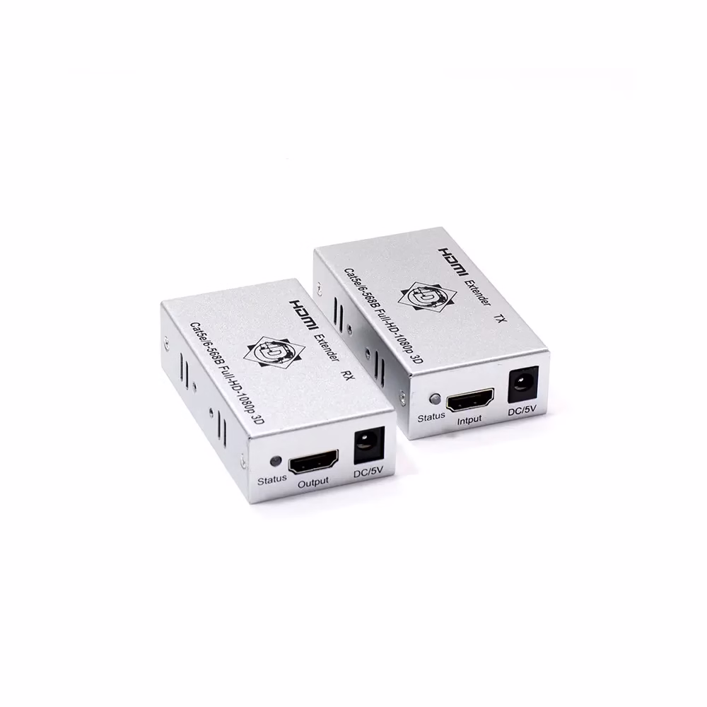 Extender HDMI de M por Cable de Red Cate Cat Delcom DEXT Kit extensor HDMI Delcom DEXT mostrando las dos unidades metálicas de color negro transmisor y receptor con sus puertos HDMI y RJ un producto profesional de HD Multimedia PERU SAC Extensor HDMI de  Metros Delcom DEXT