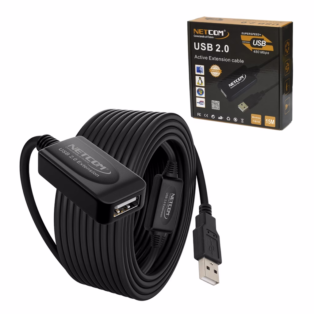 Extensión USB de MT Activo USB  Mbps Netcom PE UA Lleva tu Conexión USB a  Metros sin Perder Señal Cable extensor USB  activo de  metros Netcom PE UA mostrando el conector de entrada USB A y el conector hembra USB A con su booster un producto de HD Multimedia PERU SAC