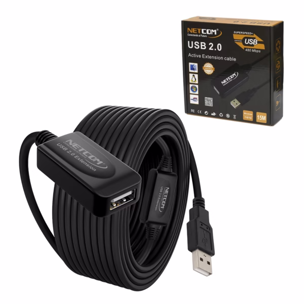 Extensión USB de 15MT Activo USB 2.0 480Mbps Netcom PE-UA0315: Lleva tu Conexión USB a 15 Metros sin Perder Señal, Cable extensor USB 2.0 activo de 15 metros Netcom PE-UA0315, mostrando el conector de entrada USB-A y el conector hembra USB-A con su booster, un producto de HD Multimedia PERU SAC.
