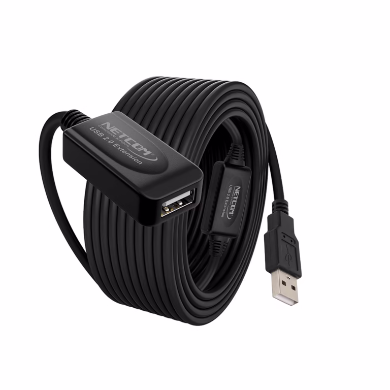 Extensión USB de 15MT Activo USB 2.0 480Mbps Netcom PE-UA0315: Lleva tu Conexión USB a 15 Metros sin Perder Señal, Cable extensor USB 2.0 activo de 15 metros Netcom PE-UA0315, mostrando el conector de entrada USB-A y el conector hembra USB-A con su booster, un producto de HD Multimedia PERU SAC.