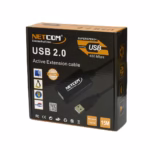 Extensión USB de 15MT Activo USB 2.0 480Mbps Netcom PE-UA0315: Lleva tu Conexión USB a 15 Metros sin Perder Señal, Cable extensor USB 2.0 activo de 15 metros Netcom PE-UA0315, mostrando el conector de entrada USB-A y el conector hembra USB-A con su booster, un producto de HD Multimedia PERU SAC.