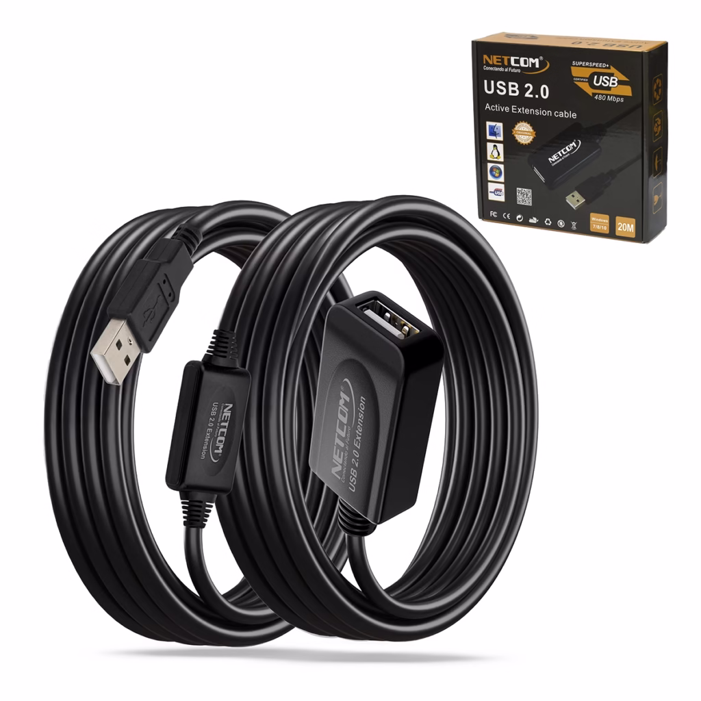 Extensión USB de MT Activo USB  Mbps Netcom PE UA Conexión USB Estable a Larga Distancia Cable extensor USB  activo de  metros Netcom PE UA mostrando el conector de entrada USB A y los boosters de señal integrados un producto de HD Multimedia PERU SAC
