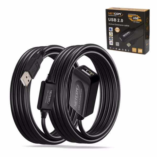 Extensión USB de 20MT Activo USB 2.0 480Mbps Netcom PE-UA0320: Conexión USB Estable a Larga Distancia, Cable extensor USB 2.0 activo de 20 metros Netcom PE-UA0320, mostrando el conector de entrada USB-A y los boosters de señal integrados, un producto de HD Multimedia PERU SAC.