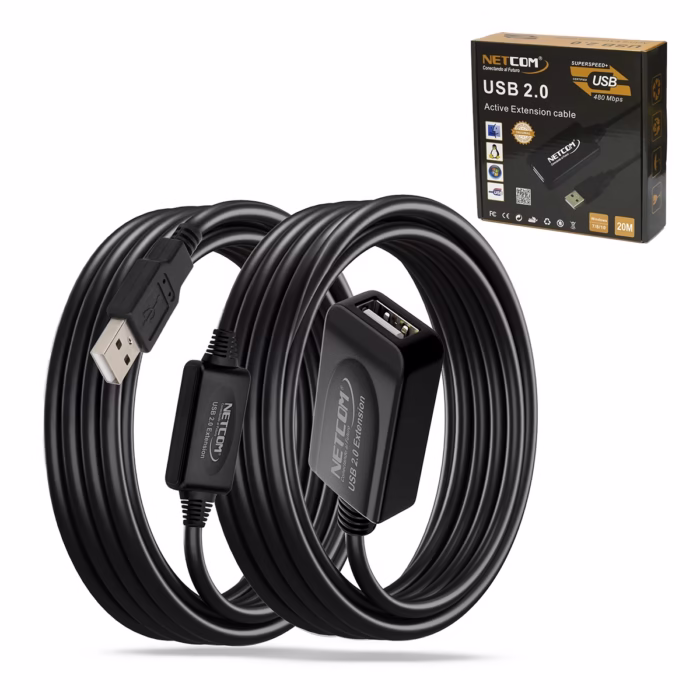 Extensión USB de MT Activo USB  Mbps Netcom PE UA Conexión USB Estable a Larga Distancia Cable extensor USB  activo de  metros Netcom PE UA mostrando el conector de entrada USB A y los boosters de señal integrados un producto de HD Multimedia PERU SAC