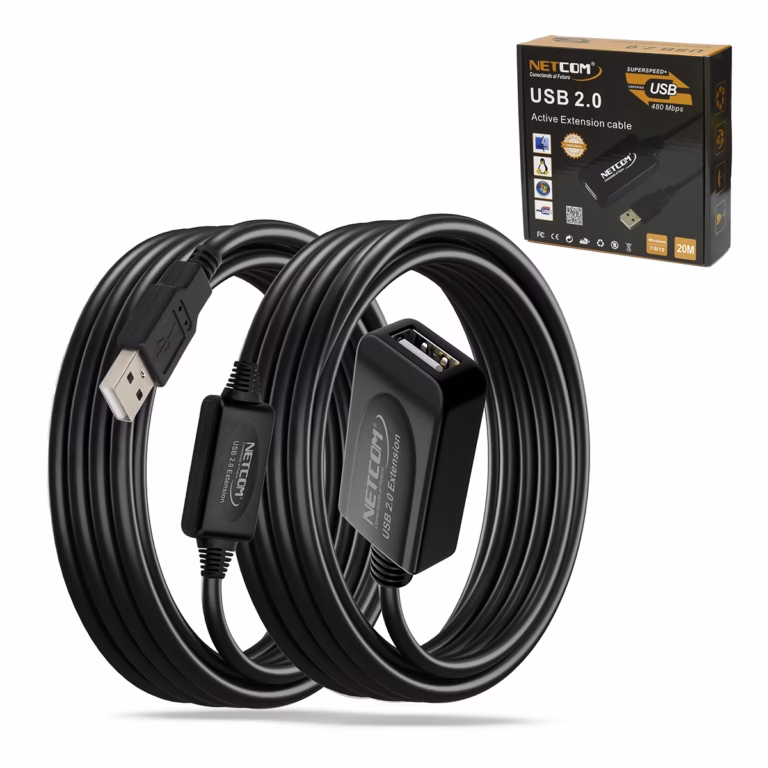 Extensión USB de 20MT Activo USB 2.0 480Mbps Netcom PE-UA0320: Conexión USB Estable a Larga Distancia, Cable extensor USB 2.0 activo de 20 metros Netcom PE-UA0320, mostrando el conector de entrada USB-A y los boosters de señal integrados, un producto de HD Multimedia PERU SAC.