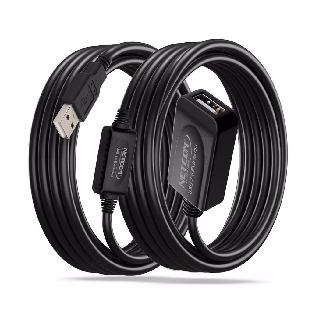 Extensión USB de MT Activo USB  Mbps Netcom PE UA Conexión USB Estable a Larga Distancia Cable extensor USB  activo de  metros Netcom PE UA mostrando el conector de entrada USB A y los boosters de señal integrados un producto de HD Multimedia PERU SAC